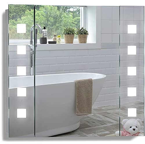 Mood LED Illuminated Bathroom Mirror Cabinet With Shaver Socket, Anti-Fog Demister, Lights Sensor & More, Certified to British Standards, 5-Year Warranty, ATOM, 60H x 65W x 12.9cm (D)