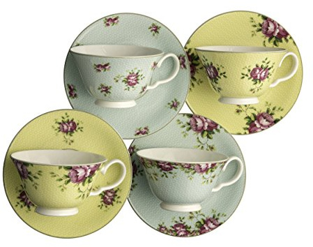 Aynsley Archive Rose Teacups and Saucers, Multi, Set of 4