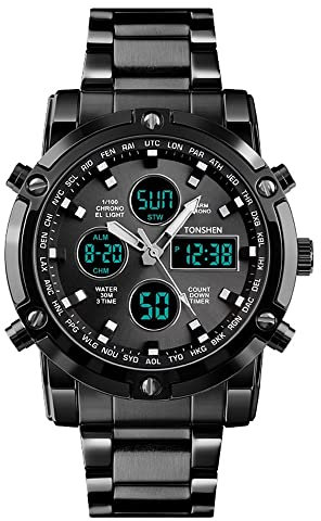 TONSHEN Herren Digital Edelstahl Uhren LED Sportuhr Multifunktionale Analog Quarzuhr Militär Doppel Zeitzone Armbanduhr Datum Stoppuhr EL Licht Schwarz