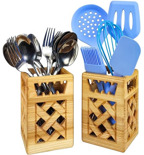 Juego de 2 soportes para utensilios en madera rústica para decoración de cocina de granja, organizador de encimera y almacenamiento de herramientas de cocina