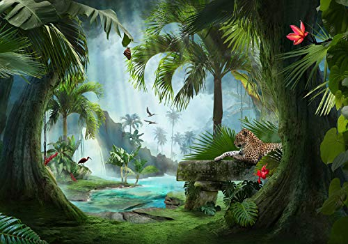 wandmotiv24 Photo murale Forêt tropicale Jaguar de la jungle S 200 x 140cm - 4 pièces photo, papier peint non tissé Animaux arbres forêt M6177