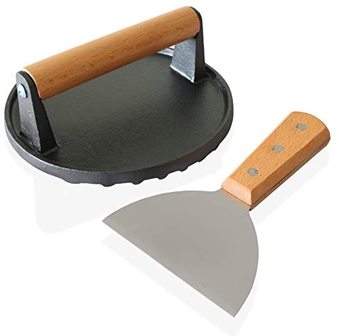 KARESE Round Cast Iron Bacon Press 1.1kg weight comes complete with Spatula, 17.5 cm Round Grill Press with Beech Wood Handle ideal for Bacon, Burger, Grilled Sandwich, Quesadilla and Steak