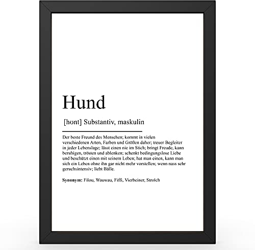 Urhome DIN A4 Kunstdruck Definition Hund - Worterklärung wie im Duden Lexikon als Wanddeko Spruch-Poster Deko Wandbild mit Spruch gerahmt für Wohnung Familie Geschenk