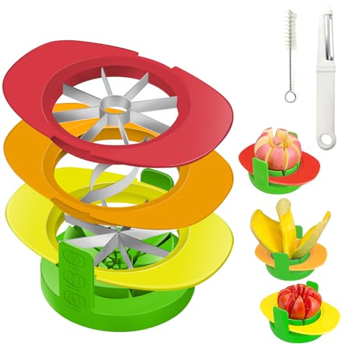 Obstschneider Slicer, 4 in 1 Apfelschneider mit Gemüseschäler & Reinigungsbürste Mango Cutter Entkerner Entferner Tomatenkeile Edelstahl Heavy Duty Obst & Gemüse Cutter Easy Kitchen Tool