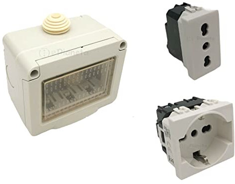 Cassetta esterna a tenuta stagna inclusa di shuko o presa bipasso scatola da muro presa corrente elettrica IP55 (Box + 1 Shuko + 1 Presa)