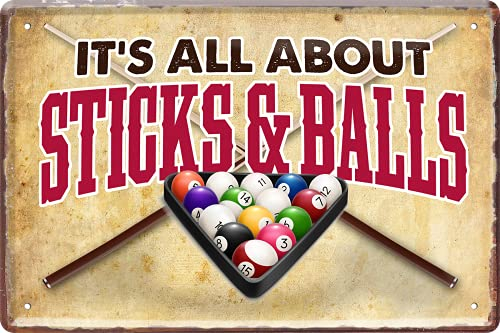 schilderkreis24 – Blechschild Lustiger Pool Spruch “Its All About Sticks & Balls“ Deko Billard Garage Metallschild Kneipe Theke Bar Pub Vintage Retro Geschenkidee Geburtstag Weihnachten 20x30 cm