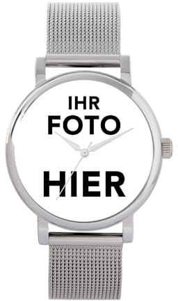 Toff London personalisierte Fotogeschenke für Frauen, analoge Anzeige, japanische Quarz-Uhr mit silbernem Mesh-Armband, maßgeschneiderte Uhr mit Gravur