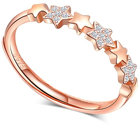 MICGIGI Damen 925er Sterling Silber Ring Eine Reihe Sterne Roségold Verstellbarer Ring mit Zirkonia