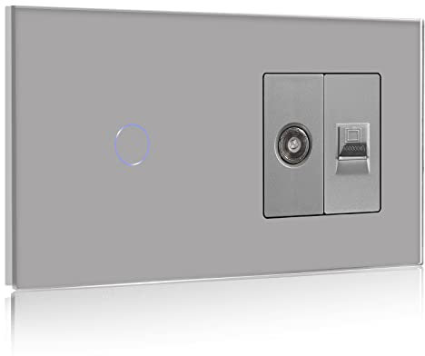 BSEED Touch Lichtschalter mit Steckdose 1 Fach 1 Weg mit Cat5 RJ45 Steckdose TV Antenne Koaxial und Ethernet Wandsteckdose Glas Platte Steckdose mit Lichtschalter Grau