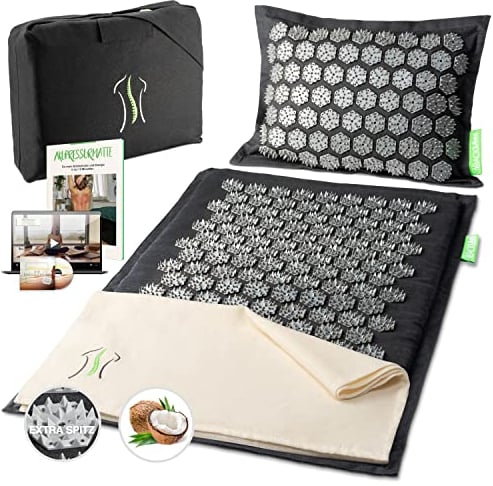 BACKLAxx ® tapis acupression avancé – tapis massage pour la détente du dos, de la nuque et des épaules – tapis d acupression contre les tensions – tapis de massage avec coussin, tissu et sac