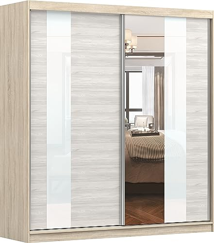 Fabryka Mebli Idźczak Kleiderschrank mit Spiegel, Schiebetüren - Schwebetürenschrank, Schlafzimmerschrank - 61 x 203 x 218 cm - Schrank für Schlafzimmer, Ankleidezimmer, Garderobe - Sonoma, Creme