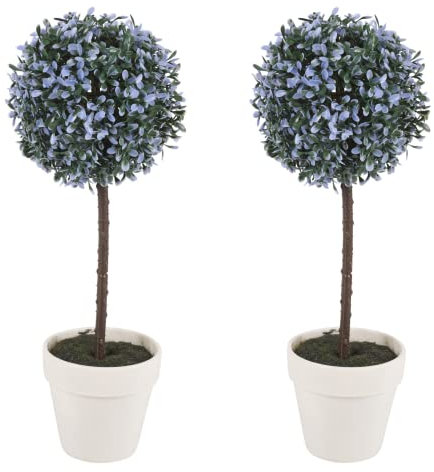 URBNLIVING Artificial Topiary Ball Box Tree Plant Set of 2 with Pot, 42 cm Large, Blue