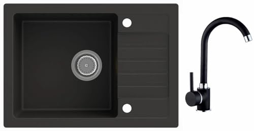 Rein Schwarz LINDBERGH® Granit Spüle mit Armatur SIM44 + 1-Galo + Siphon Einbauspüle Küchenspüle Spülbecken + DREHEXCENTER - Verbundstoffe MADE IN GERMANY (4. Spüle SIM44 + Armatur 1-Galo)