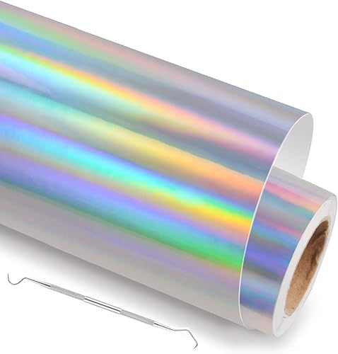 NCRGB Vinilo Textil Termoadhesivo Vinilo(Añadir Herramienta) Papel Transfer para Camisetas,Plotter de Corte,Vinilo Termoadhesivo Textil Fácil de cortar y Transferir (30.5×200cm, Plata Holográfica)
