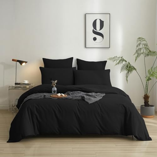 Luowei Bettwäsche 155x220 cm Baumwolle Sommer Weich Schwarz, 3-teilige | 100% Gewaschene Baumwolle Oeko-TEX Bettbezug Atmungsaktiv und Hautfreundlich mit Reißverschluss und 2 Kissenbezüge 80x80 cm