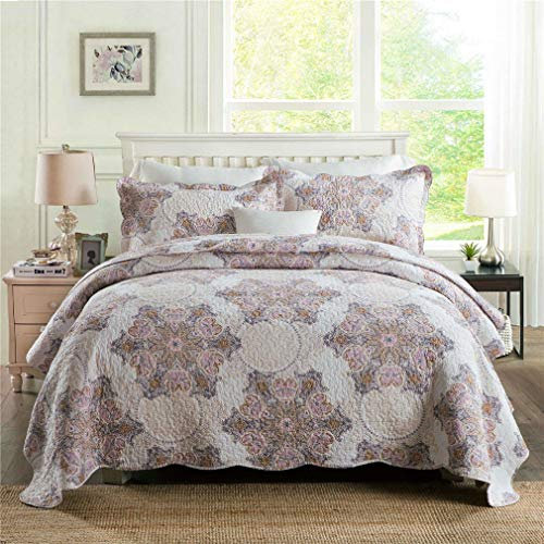 3 piece Floral Quilted Bedspread Double Size 230x250cm - Lilac Flower Pattern Microfiber Lightweight Coverlet Quilt