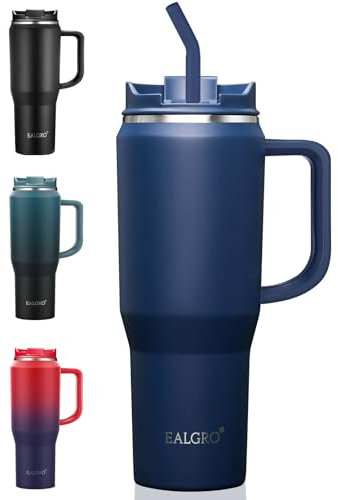 EALGRO Isolierter Kaffeebecher mit Deckel, 1,2 l Thermoskanne Becher mit Griff und Strohhalm, doppelwandiger Edelstahl-Kaffeebecher, Thermo-Trinkflasche, marineblau