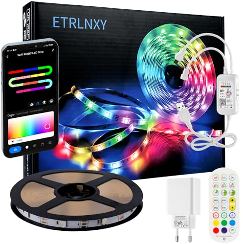 WiFi LED Strip 5m, RGBIC LEDs Streifen Musik Sync, Segmentcontrol Farbwechsel LED Band, LED Eingebaut-IC Lichtband mit APP und Fernbedienung, Strip Lights Funktioniert mit Alexa und Google Assistant