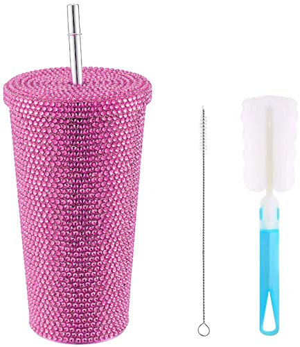 Studded Diamond Tumbler 500ML Double Walled Insulated Cups with Straw and Brushes, Bling Rhinestone Travel Mug for Women Gift(Rose)