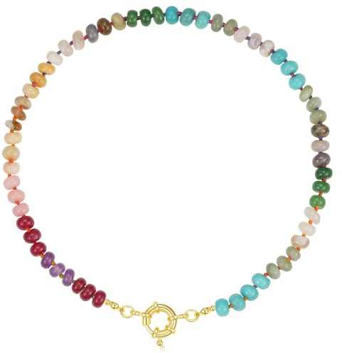 KissYan Beaded Gemstone Necklace for Women, Colorful Boho Bead Choker Natural Stone Surfer Beach Necklaces 14K Gold Plated Summer Handmade Jewelry(B08)