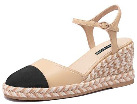 MIRAAZZURRA Damen Espadrille Keilsandalen zweifarbig runde Zehe Knöchelriemen Sandalen, Hautfarben, 38 EU