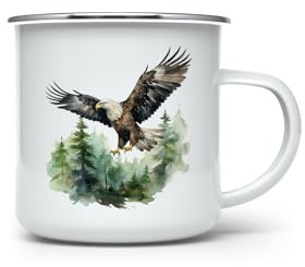 MAXIKIWI - Langlebiger Emaille-Kaffee- oder Tee-Campingbecher für den Innen- und Außenbereich - Wald Adler Aquarell - 350ml