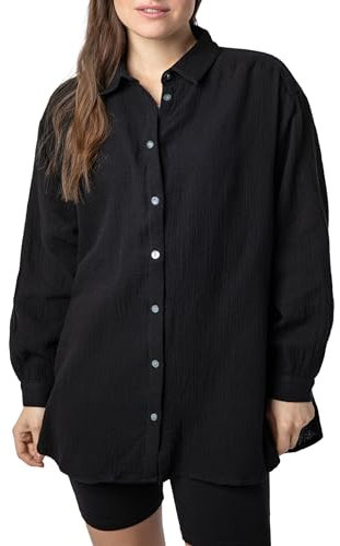 Sublevel Langarm Musselin Bluse mit Kentkragen - Damen Muselin Oversize Bluse, Baumwolle, Knopfleiste in verschienden Farben Black M/L