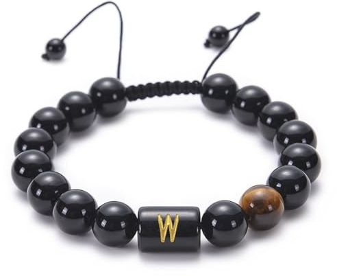 Homxi Frauen Männer Chakra Armband Naturstein,Beads Armband Damen 10MM Perlen mit Buchstabe W Onyx Perlenarmband Herren Schwarz