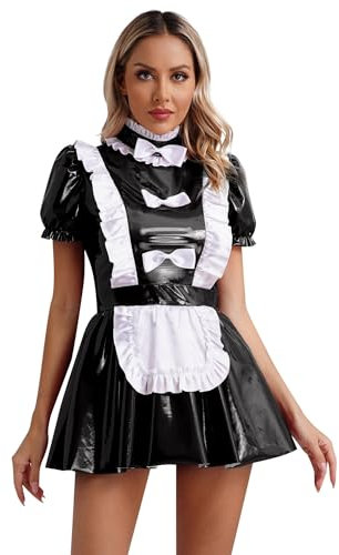 FEESHOW Damen Kostüm Dienstmädchen Kleid Lack Maid Kleid Französisches Magd Cosplay Outfit Sexy Fasching Karneval Kostüm Schwarz_C XXL