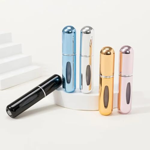 Generic 5 wiederauffüllbare Parfüm-Sprühflaschen für Reisen in Gold, Silber, Rosa, Blau, Schwarz aus Aluminium und Glas mit 5 ml Fassungsvermögen und Reisegröße von 8,1cm x 1,7cm