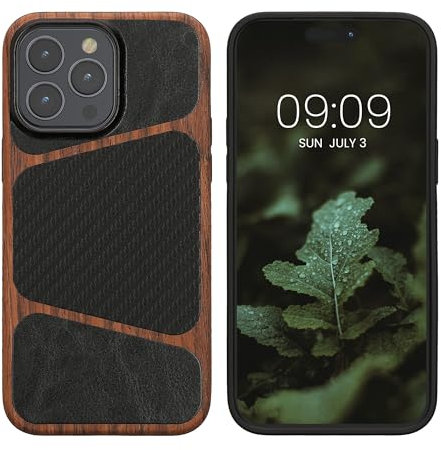 kalibri Custodia Rigida Compatibile con Apple iPhone 15 Pro Max Cover - in TPU Legno Similpelle Texture Carbonio - Compatibile con MagSafe - marrone scuro/nero