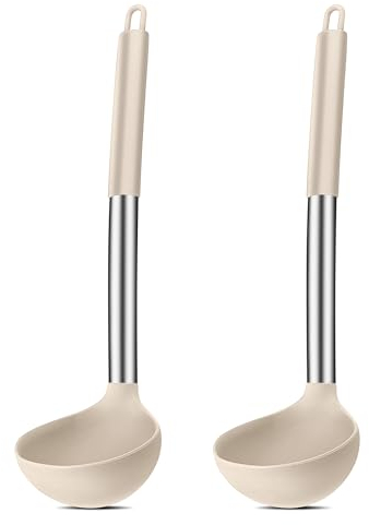 Joyfair - Lot de 2 louches à soupe en silicone - Résistantes à la chaleur - Avec poignée en acier inoxydable - Grande cuillère à sauce de 30 cm - Pour cuisiner/remuer/servir, saine et anti-adhésive -