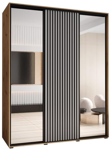 MEBLE KRYSPOL Sapporo 2 Moderner Schrank mit DREI Schiebetüren mit Spiegel, Stange, Regalen - Aufbewahrungsschrank für Schlafzimmer, Wohnzimmer - 205,2x190x60 cm - Artisan Weiß Schwarz
