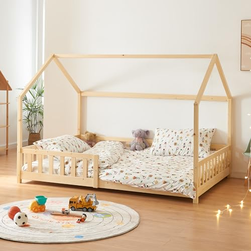 [en.casa] Kinderbett Hesel Hausbett Holzoptik 140 x 200 cm mit Rausfallschutz und Lattenrost Montessori Bodenbett Jugendbett Holzbett