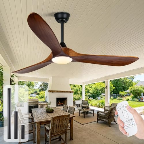 OUENGK Ventilatore a Soffitto con Luce Grande 178 cm in Legno Massello, 3 Marrone Pale con Telecomando, Motore DC Silenzioso, Per Interni/Esterni Grandi Spazi, Soggiorno, Sala da Pranzo, Patio, Gazebo