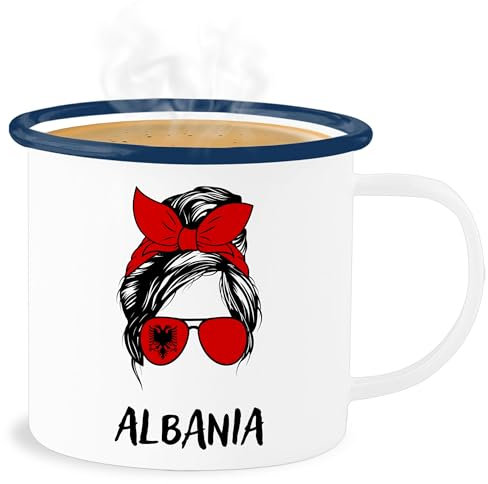 Emaille Becher Blechbecher - Fußball EM WM - Tassen - Cooles Albanien Motiv Albania Style Shqipëria - 300 ml - Weiß Blau - 2024 fanartikel albanian tasse fussball albanische europameisterschaft