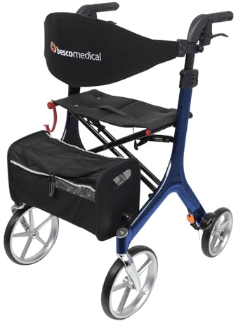 Besco Medical Carbon Rollator ultraleicht 5,8 kg - faltbar, höhenverstellbar, mit Sitz - Premium Gehhilfe mit Rückengurt, Netztasche, Stockhalter - Modell M Saphirblau