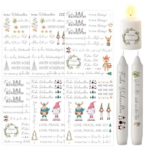 ALLAVA 6 Stück Kerzentattoos Weihnachten, Kerzen Tattoos A5, Wasserschiebefolie Rub on Sticker, Kerzensticker Kerzenfolie für Kerzen oder Keramik Bogen DIY Stickerbogen (Weihnachten B)