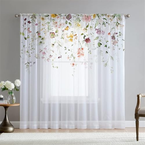 Surwin Gardinen mit Ösen, Europäischer Stil 2er Set Vorhänge, Modern Transparent Vorhänge Wohnzimmer Polyester Gardinen Küche Fenster Wohnzimmer Schlafzimmer (W132xH245cm,Blumen)
