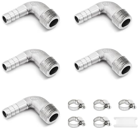 Barb Hose Fitting Josaton 90 Degree Elbow Fitting Stainless Steel 3/8” Male x 10mm Barb Pipe Connector for Water Fuel Air with Hose Clamps 5 Sets