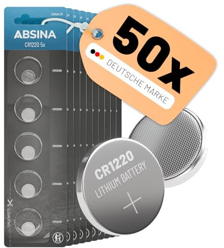 ABSINA 50x Piles CR1220 Bouton 3V Lithium - Pile CR 1220 Voiture Anti-Fuite & Longue durée - Piles CR1220 3V Clef Voiture, Montre & Plus