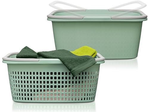 Hausfelder Wäschekorb mit Henkel 35L, Wäschewanne Plastik Grün, Stabil & Wetterfest, Wäschekörbe 58x37x25cm aus Kunststoff für Bad Camping (2er Set)