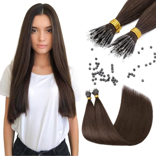 Elailite Nano Hair Extensions Real Human Hair With Nano Beads Rings Cold Fusion 50 Strands 35g Straight (#2 Dark Brown, 22 Inch)
