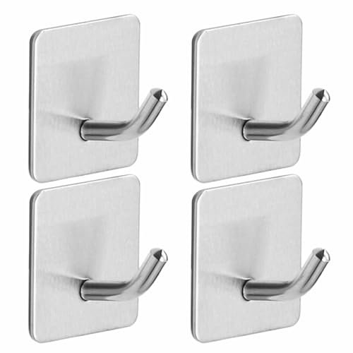 4 Pack Self Adhesive Hooks, Stick on Hooks Holder for Tea Towel Robe Coat Kitchen Bathrooms,Stainless Steel Sticky Wall Hook,Waterproof and Rustproof, Shower/Mini Command Hook
