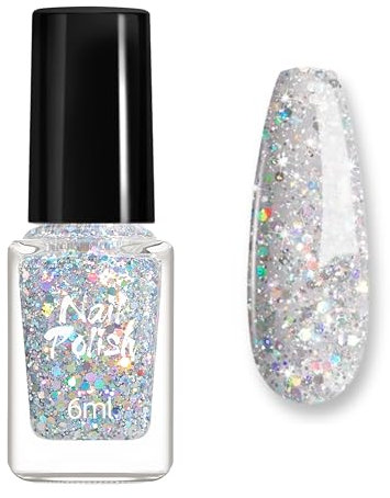 Silber Glitzer Nagellack - Glitzernagellack für schillernde Fingernägel, Langanhaltender schnelltrocknender Nagellack mit natürlichen Inhaltsstoffen - 6ml Holographic Glitter Nail polish (Silver)