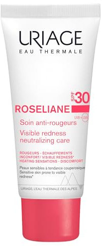 Uriage Roséliane Crema facial antienrojecimiento SPF30 de 40 ml, calma, hidrata, reduce el enrojecimiento de la piel sensible propensa al enrojecimiento, con manteca de karité, comodidad duradera y