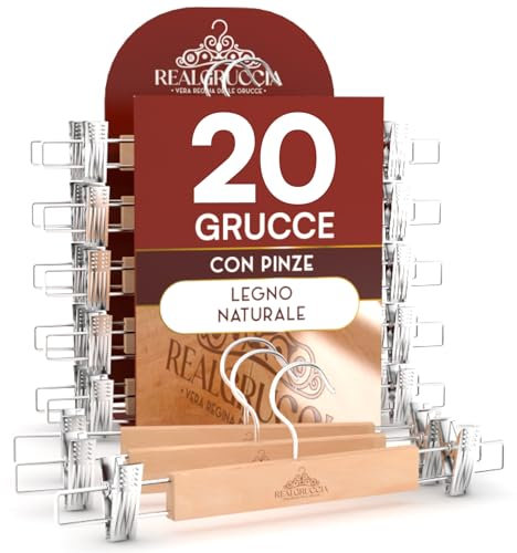 20 Cintres à Pinces en Bois pour Pantalons Jupes Vêtements 13x33cm - RealGruccia Finition Brillante - Clips Réglables Peu Encombrantes et Crochet Pivotant à 360° en Métal Résistant