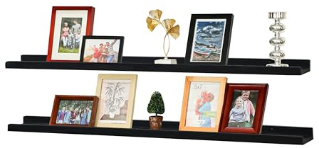 PHOENANCEE Solid Wood, 120cm Wall Picture Shelves Ledge, Rustic Wood Floating Shelf, Decorative Display Photo Racks For Living Room, Kitchen, Bedroom, Kitchen, Books, Set of 2, Rustic Black
