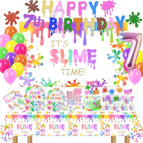 201 Pcs Slime 7th Birthday Party Supplies Decorations - Colorful Slime Queen Plates Napkins Cups Tableware Table Cloth Backdrop Banner Cupcake Toppers for Splatter Splash Theme Girls Birthday Decor