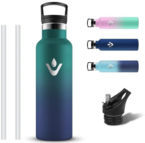 Grsta Gourde Isotherme 500ml, Gourde Inox Avec 2 Bouchons, Bouteille d'eau en Acier Inoxydable, Reutilisable Bouteille Isotherme avec Paille, Anti Fuite Gourde sans BPA pour Sport, Gym, Randonnée